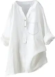 [BAJSDCU] Linen Shirt Women 4Th of July Loose Button Down Blouse Stand Collar Long Independence Day Casual Solid Tops