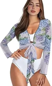 [WHUVUMFY] Women's Tie Front Shrug Bolero Long Sleeve Cardigan Top Lightweight Bikini Cover Up Soft Bathing Suit Coverup Blouse
