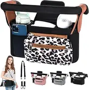 HINATAA Buggy Pram Organiser, Baby Pram Bag with 2 Drink Holders, Buggy Organiser Children's Trolley with Shoulder Strap & 2 x Secure Hooks, Pram Accessories with Zip Pocket (Leopard)