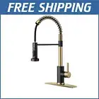 Farmhouse-Style Pull Down Sprayer Kitchen Faucet - Durable Black & Gold Finish