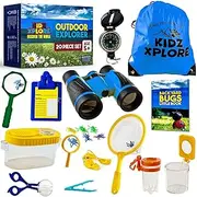 Kidz Xplore 20 Pack-Outdoor Explorer Set Nature Exploration Kit Children Outdoor Games Mini Binoculars Kids, Compass, Whistle, Magnifying Glass, Bug Catcher, for Adventure Educational Toy
