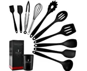 Supperstore 10PCS Set Kitchenware Silicone Kitchenware Non-stick Silicone Shovel Spoon Kitchen Tool with Storage Bucket-Black