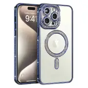 For Apple iPhone 16 Plus Case, MagSafe Magnetic Diamond Rhinestone Glitter Cute Crystal Bling Full Camera Lens Protector Shockproof Cover – Blue