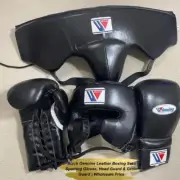 Black Top-Quality Genuine Leather Boxing Set – Gloves, Head Guard & Groin Guard