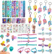 Naturezhen 45 Pcs Mermaid Party Favors Set, Kids Pinata Stuffers Keychain Slap Bracelet Rings Bracelets Tattoos Bookmark, for Girls Party Birthday Return Gift Prizes Box