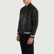 Black Leather Varsity Jacket Men’s Bomber Retro Style Coal, All Sizes Available.