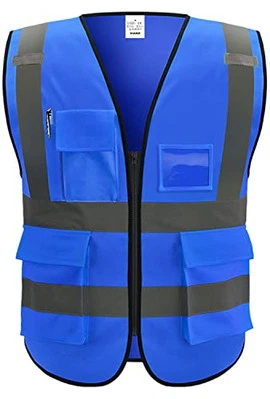 5 Pockets High Visibility Reflective Safety Vest for Men and Women Small Blue