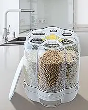 Grain Dispenser, 11 Qt Rotating Storage Container, 6-Compartment Dry Food Dispenser with Measuring Cup for Kitchen Small Grains, Beans, Rice (11Qt) White 11Qt