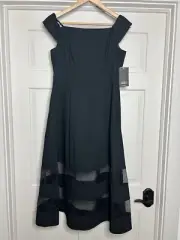 NWT Aidan Mattox Black Dress 10 Off The Shoulder Midi Cocktail Wedding Guest