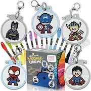 5 Stamped Superhero Cross Stitch Beginner Projects for Kids Needlepoint Starter kit Sewing Set for Backpack Charms…
