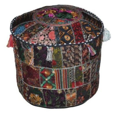 Patchwork Round Ottoman Designer Indian Handmade Pillow Cover Pouf Footstool