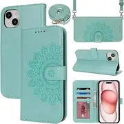 Cavor Crossbody Wallet for iPhone 15 6.1'' PU Leather Case Magnetic 3D Embossed Flower Women Flip Kickstand with Card Holder Shoulder Lanyard Protective Cover-Long Strap Flower Light Green