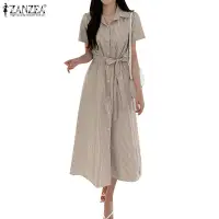在飛比找蝦皮商城優惠-Zanzea 女式韓版短袖翻領條紋繫帶連衣裙