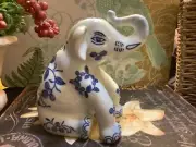 Blue & White Chinoiserie~Floral~Porcelain Elephant~Sitting w/Trunk Up~Beautiful