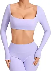 [DSAoTeng] Women Square Neck Long Sleeve Crop Workout Tops-Slim Fit Solid Color Quick Dry Seamless Built in Bra Pullover Athletic Top for Yoga Gym Running