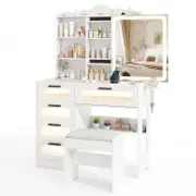 Costway Dressing Table Stool Set Sliding Mirror 3-Color LEDs Vanity Table