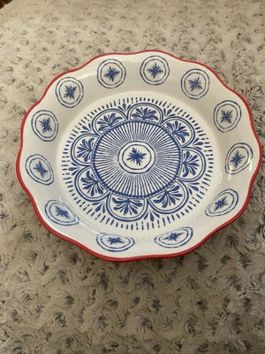 Creative Co-op 10” Round 2” Deep Hand painted Stoneware Pie Plate Blue & Red New