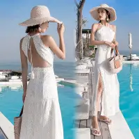在飛比找蝦皮商城精選優惠-熱門泰國洋裝 土耳其掛脖露背蕾絲開叉洋裝普吉島海邊度假沙灘裙
