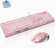 Basaltech Mechanical Gaming Keyboard and Mouse Combo, Retro Steampunk Vintage Typewriter-Style Keyboard with LED Backlit, 104-Key Anti-Ghosting Blue Switch Wired USB Metal Panel Round Keycaps, Pink