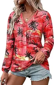 [ZXZY] Womens Hawaiian Shirt Vintage Leaf Floral Printed Tropical Tops V Neck Puff Long Sleeves Shirts