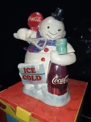 Coca-cola Pearlescent Cookie Jar With Snowman Opening A Bottle Of Coke