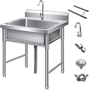Stainless Steel Utility Sink, Free Standing Single Bowl Kitchen Sink with Cold and Hot Water Pipe for for Laundry Room Farmhouse Indoor and Outdoor Sink(80x60x80cm/31.4x23.6x31.4in)