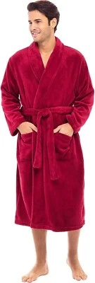 Alexander Del Rossa S/M Men's Maroon Fleece Plush Long Belted Hooded Robe New