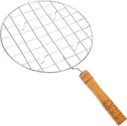 ibasenice Multi Functional BBQ Mesh Rack with Wooden Handle Stainless Steel Round Design for Outdoor Grilling Barbecue Steaming for Camping Cooking Meat