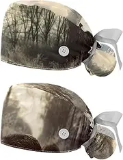 [YTYVAGT] 2-Pc,Nurse Scrub Caps,Scrub Hats with Buttons and Cotton Sweatband,Wild Pig Winter Forest