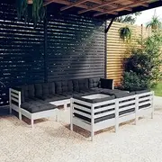 10 Piece Garden Lounge Set with Cushions White Solid Pinewood Patio Bar Sets