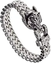 [BOSUGE] Charming Bracelet，Viking Wolf Bracelet, Men's Stainless Steel Braided Mesh Chain Wolf Head Bracelet, Norse Myth Odin Fenrir Bangle Punk Rock Biker Talisman Jewelry (Size : 19CM)