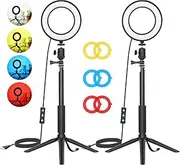 2-Pack Desktop USB Video Lights Kit with 2* Dimmable 6 Inch Ring Light 5600K + 2* Ex ble Tripod + 2* Ballhead + 6* Color(Red/Low/Blue) for Video Conference Black One Size
