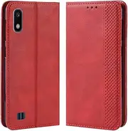 [HualuBro] for Samsung Galaxy A10 Case, Retro PU Leather Wallet Flip Folio Shockproof Phone Case Cover with [Kickstand] [Card Slots] [Magnetic Closure] for Samsung Galaxy A10 2019 (Red)