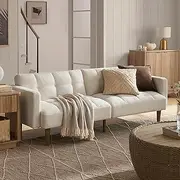 mopio Aaron 76.8" Couch, Small Futon Sofa Bed, Sleeper, Loveseat, Mid Century Modern Futon Couch, Sofa Cama, Couches for Living Room, Bedroom (Pearl White, Boucle)