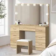 Oikiture Dressing Table with Extra Biggest Mirror 113cm Makeup Mirror Vanity Desk with 7 Storage Drawers and Stool Wood