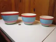 Set 3 Ceramic Stoneware Colorful Blue Red Stripes Bands Nesting Mixing Bowls NEW