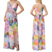 AIDAN MATTOX V-neck Printed Chiffon Maxi pleated Dress Pink Multi New $295 sz2-4