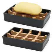 Bamboo Soap Dishes for Shower Wooden Soap Bar Holder for 1 Single Black Square