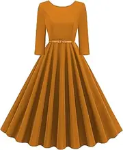 [Wellwits] Women's V Back Belted 3/4 Sleeves 1940s Vintage Work Dress