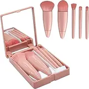 Travel Makeup Brushes Set Professional with Mirror,5Pcs Portable Small Makeup Brush for Women,Mini Makeup Brushes Kit for Face Eye Eyebrow Blush and Lip Gloss (Light Pink)