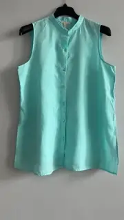 NWT Eileen Fisher AQUA Linen Mandarin Collar Sleeveless Long Shirt XL