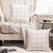 Basic Model Set of 2 Plaid Throw Pillow Covers Modern Farmhouse Decorative Square Linen Pillow Case for Sofa Couch Bed 18 x 18 Inch Beige and Black