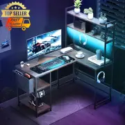 L Shaped Desk with Storage Shelf LED Lights Power Outlets Corner Gaming Desk