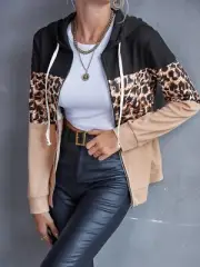 Leopard print zip-up hooded jacket