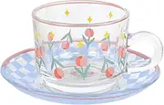 [Taoluwin] Glass Coffee Mug, 200ml Glass Cup with Saucer, Milk Cup with Handle, Clear Espresso Mug for Milk, Latte, Cappuccino,Tea Bag or Hot Cold Beverages (Blue)