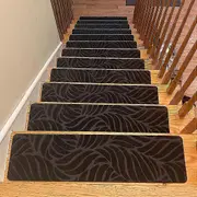 15 Pack Extra Large Wood Stair Treads Carpet - Self Adhesive, Non Slip, Safety Edging, Traction Protector - Vinyl Backing, Polyester Fabric, Easy I...