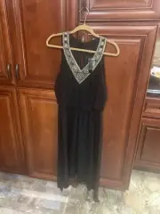 NWT WHBM Black Dress With Gold Embellishing Shark bite Hem size M Orig $130
