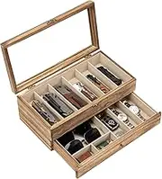 Yoimori Premium Knife Display Case with Glass Lid, 2-Layer Pocket Knife Case for 9-15 Knives, Boyfriend Fathers Day Birthday Gifts (Brown)