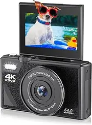 4K Digital Camera, 18X Zoom Camera with 3 Inch Flip Screen, 64MP UHD Autofocus Retro Compact Digital Camera for Travel Photography Vlogging (Black)
