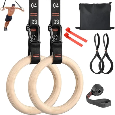 Gymnastic Rings Wooden Gym Rings Training Ringsadjustable Numbered Straps Pul...